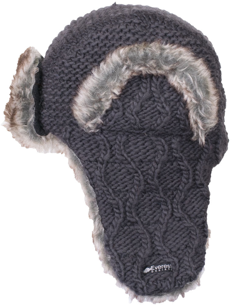 Anatoli Fur Hat - Cable knit charcoal Russian style trapper hat