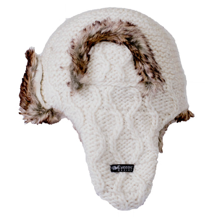 Anatoli Fur Hat - Cable knit ivory Russian style trapper hat